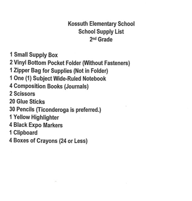 Second Grade School Supply List