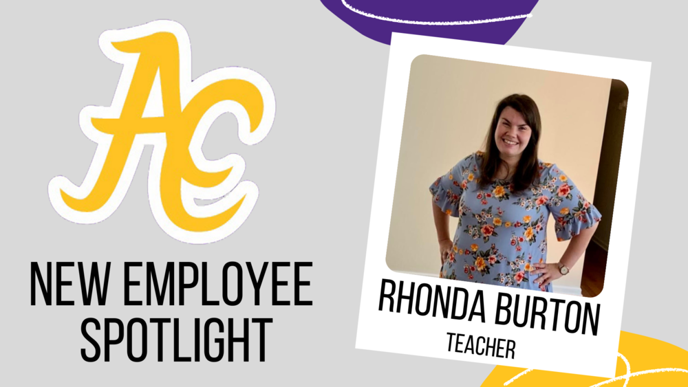 New Employee Spotlight decorative graphic with image of Rhonda Burton wearing a blue shirt with orange flowers