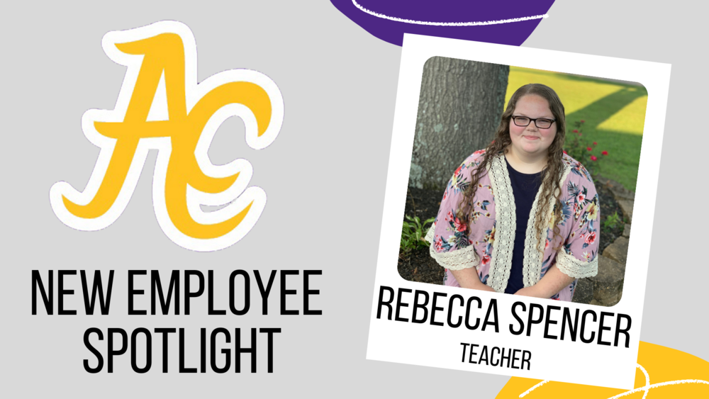 New Employee Spotlight decorative graphic with image of Rebecca Spencer in a dark blue top with a floral cardigan