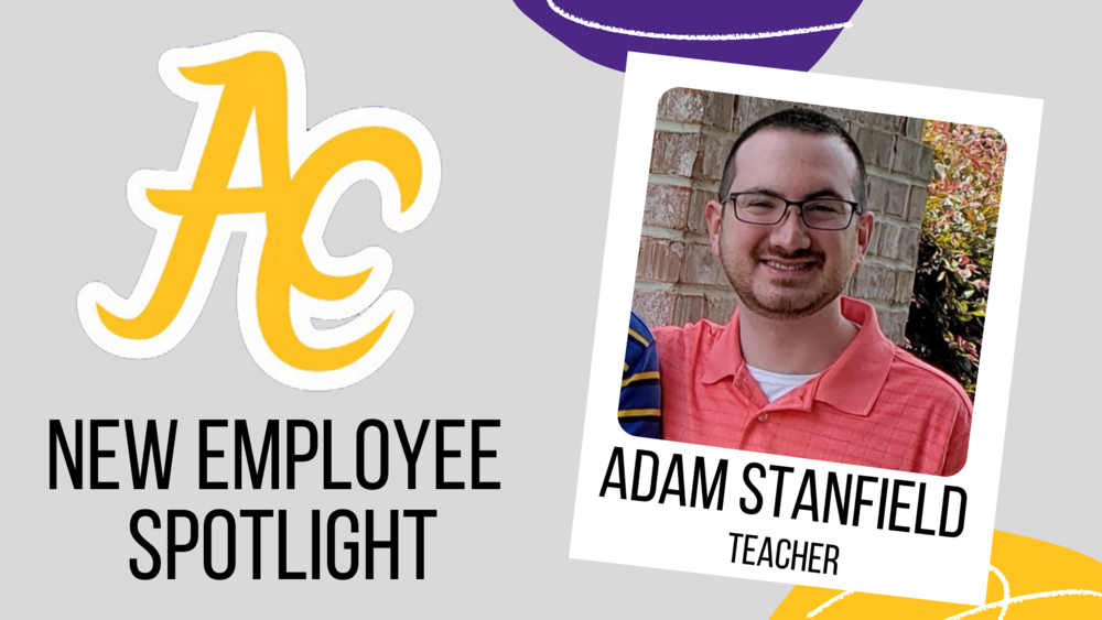 New Employee Spotlight decorative graphic of Adam Stanfield in Coral color shirt smiling
