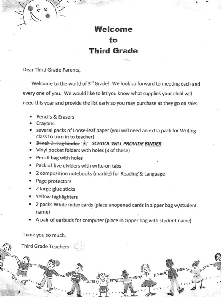 Third Grade School Supply List