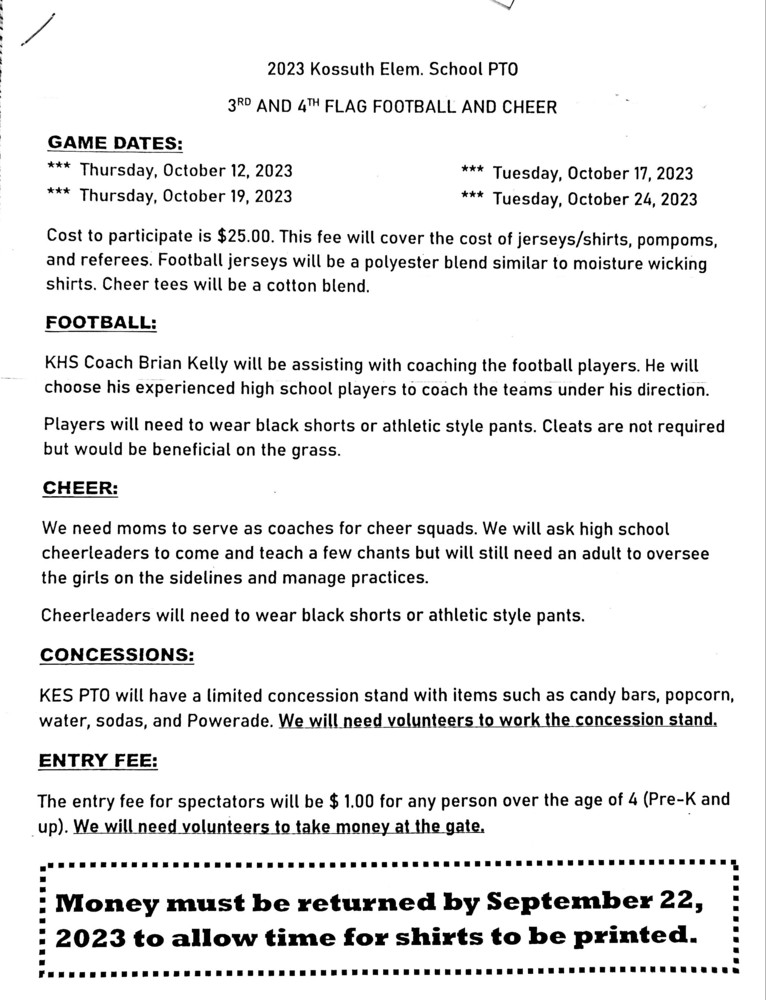 Last day to sign up for 3rd & 4th Grade Flag Football and Cheer is Fri., Sept. 22