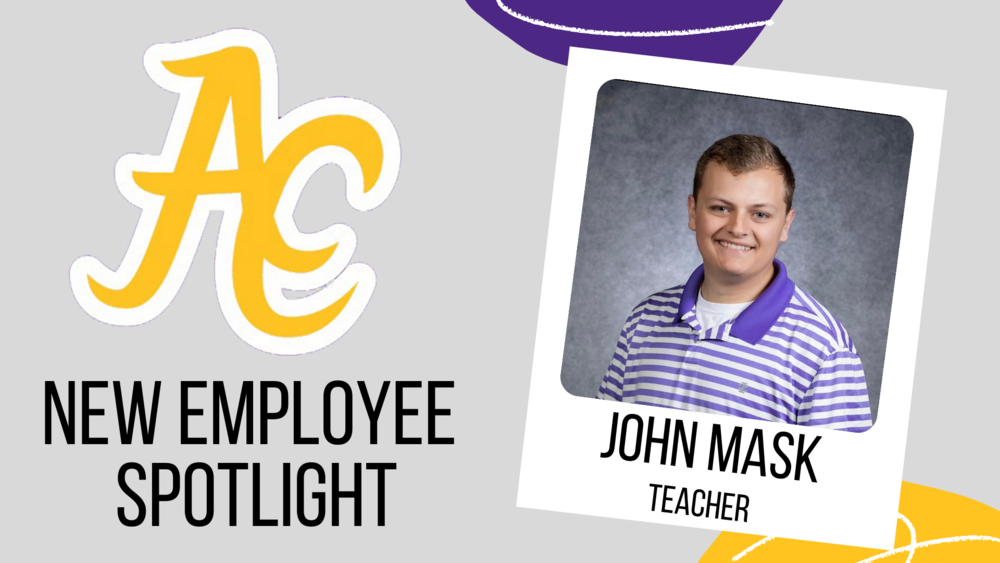 New Employee Spotlight decorative graphic with image of John Mask wearing a purple and white striped polo shirt