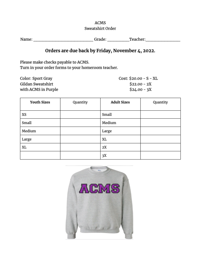 ACMS Sweat Shirt Order Form